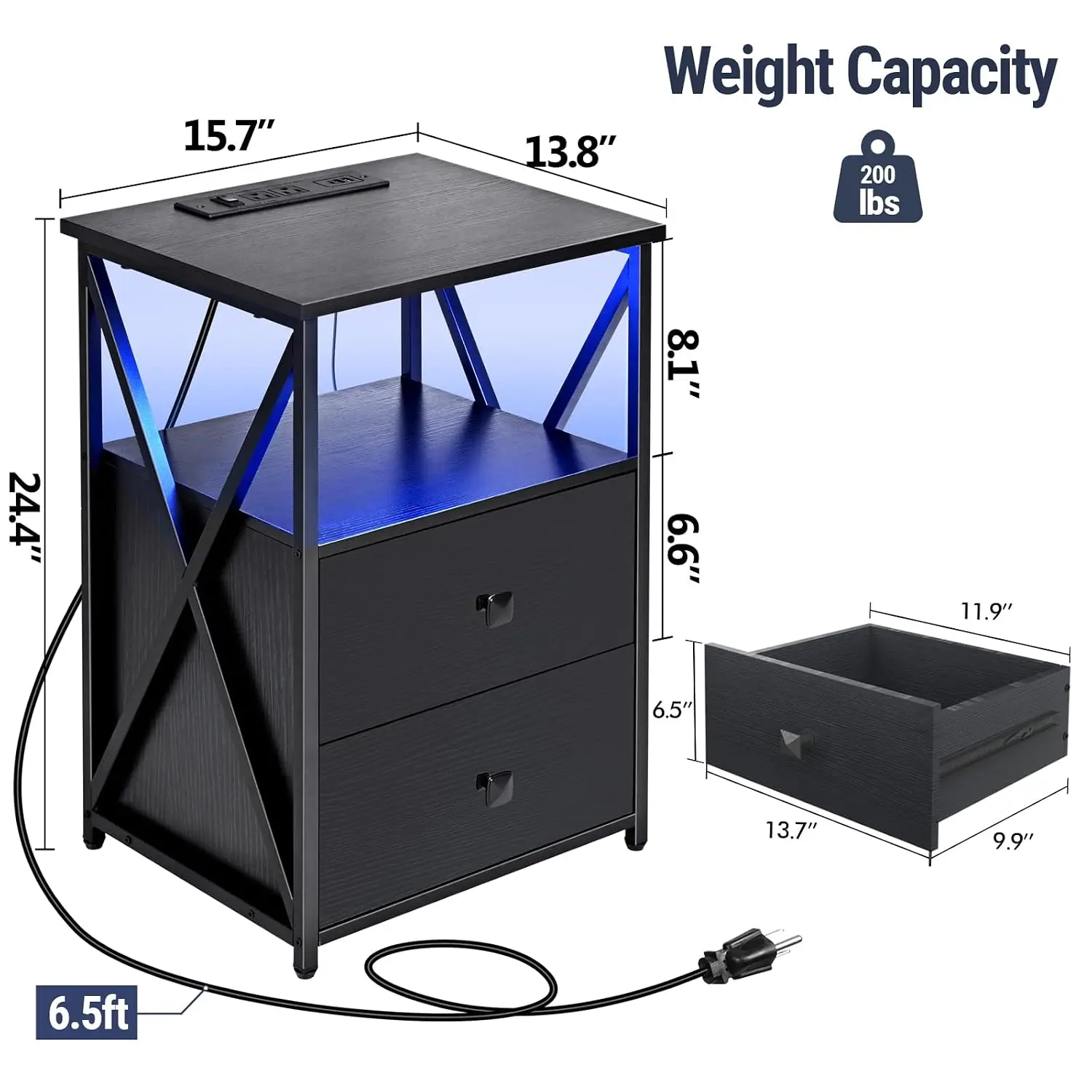 Nightstands Set of 2 with LED, End Tables with Charging Station for Bedroom | Black Night Stand Set 2 with Wood, Customized
