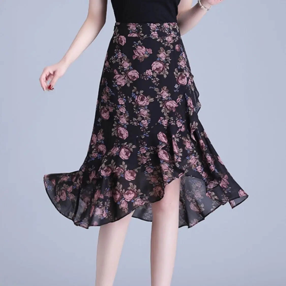 

Summer New Irregular Floral Ruffle Skirt