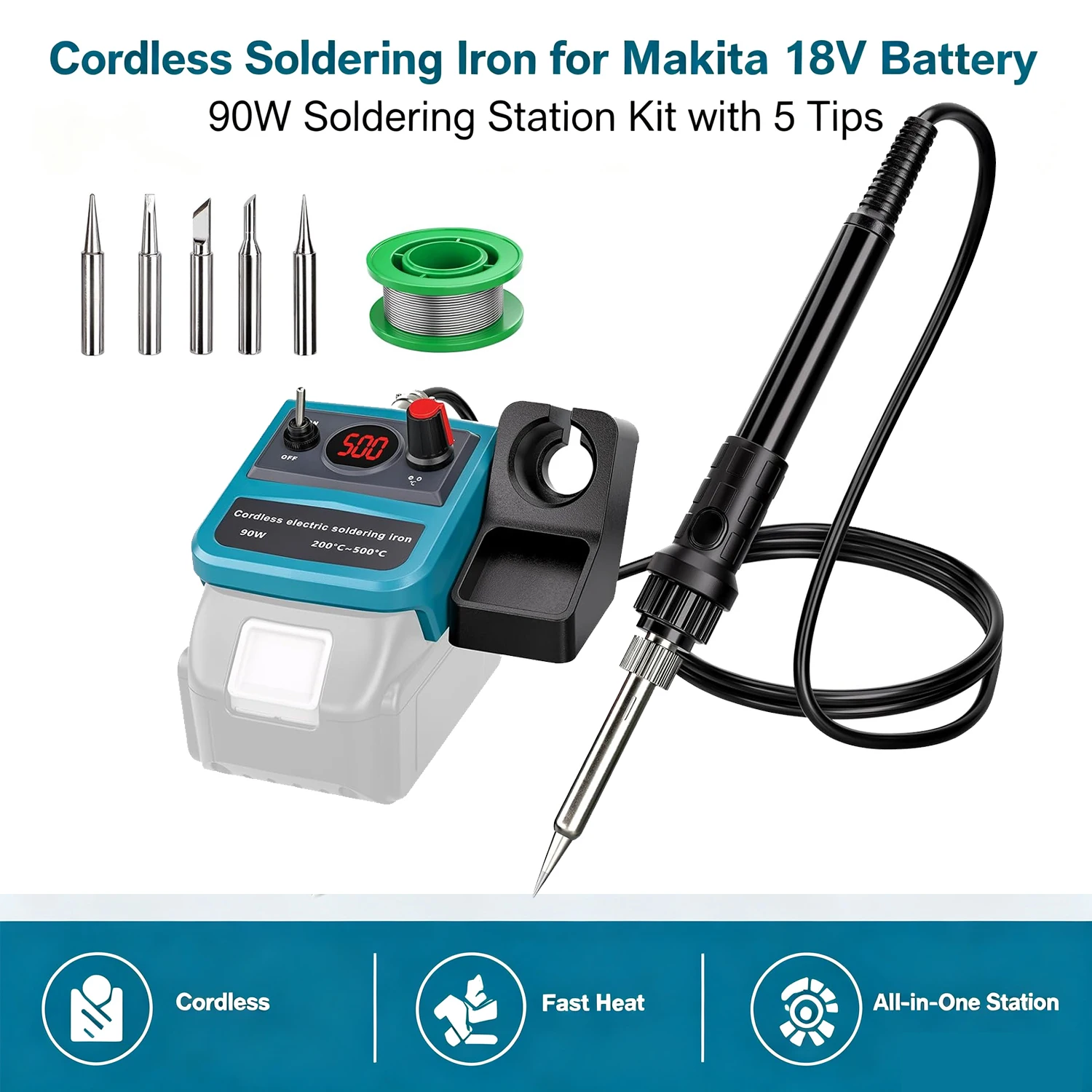 Für Makita 18V Akku-Lötkolben 90W, LCD-Digitalstation mit 5 Spitzen, 200-500 ° C für Elektronikreparatur – Detail 1