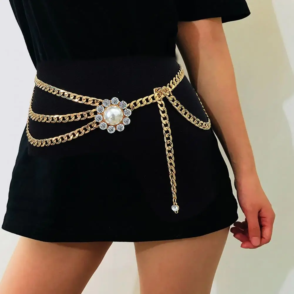 

Waist Belt Metal Chain Belt Clothes Accessories Tight Waist Attractive Rhinestone Embedded Faux Pearl Girls Waist Chain