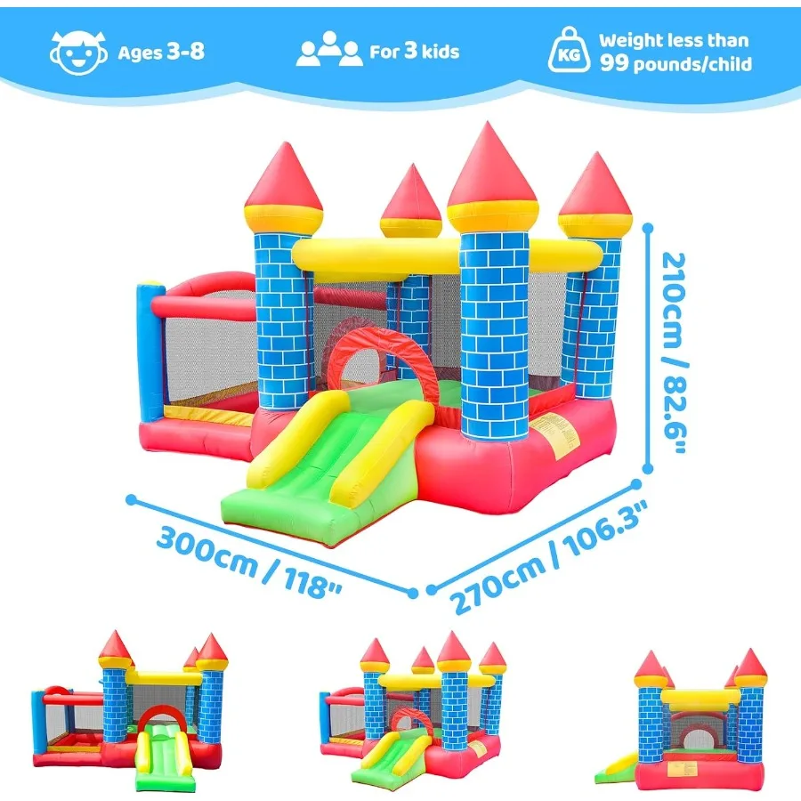 Opblaasbaar springkasteel, peuter springkasteel met glijbaan, opblaasbaar springkasteel met ventilator, springkasteel met balschieten f