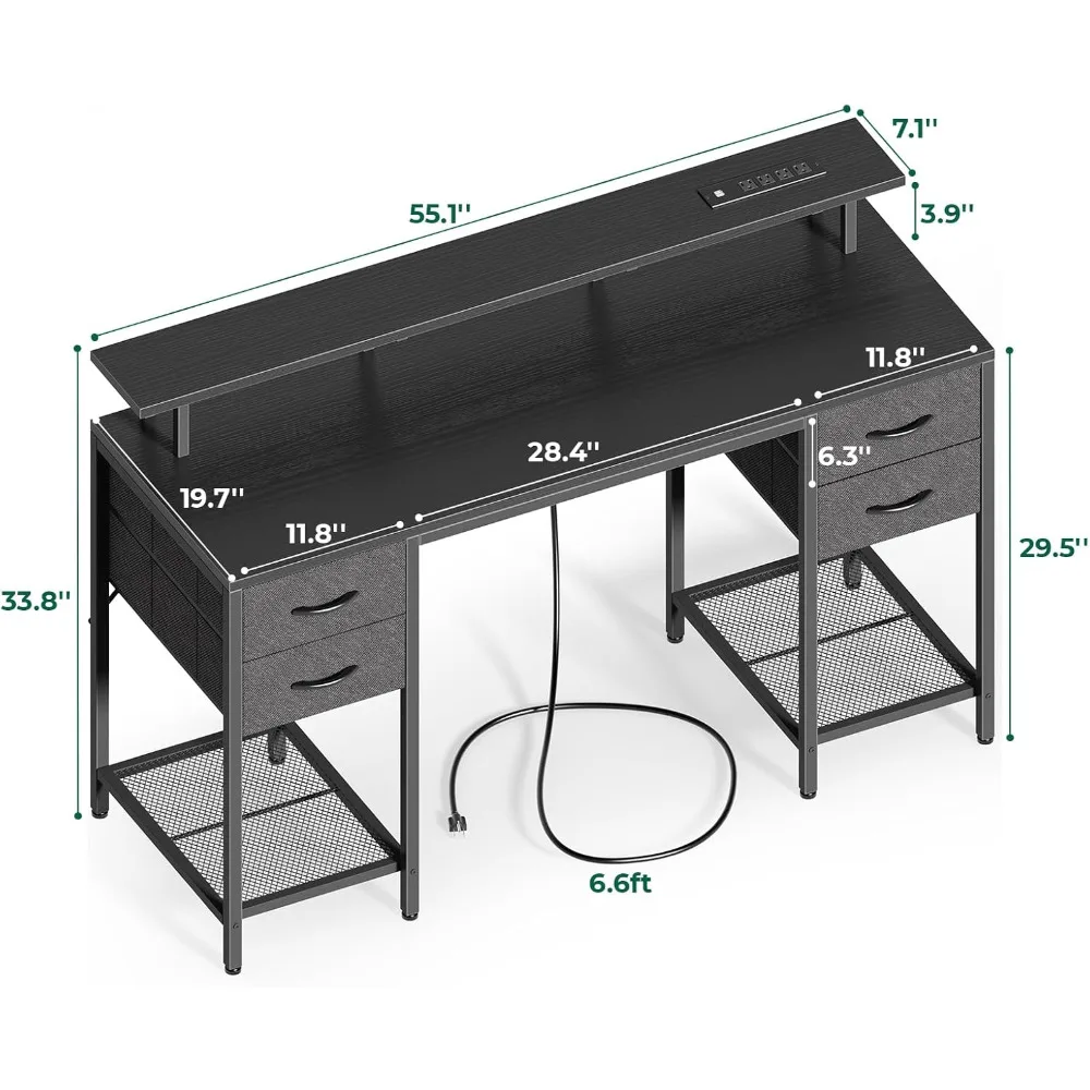 55 inch Computer Desk with 4 Drawers, Gaming Desk with LED Lights & Power Outlets, Home Office Desk with Large Storage Space