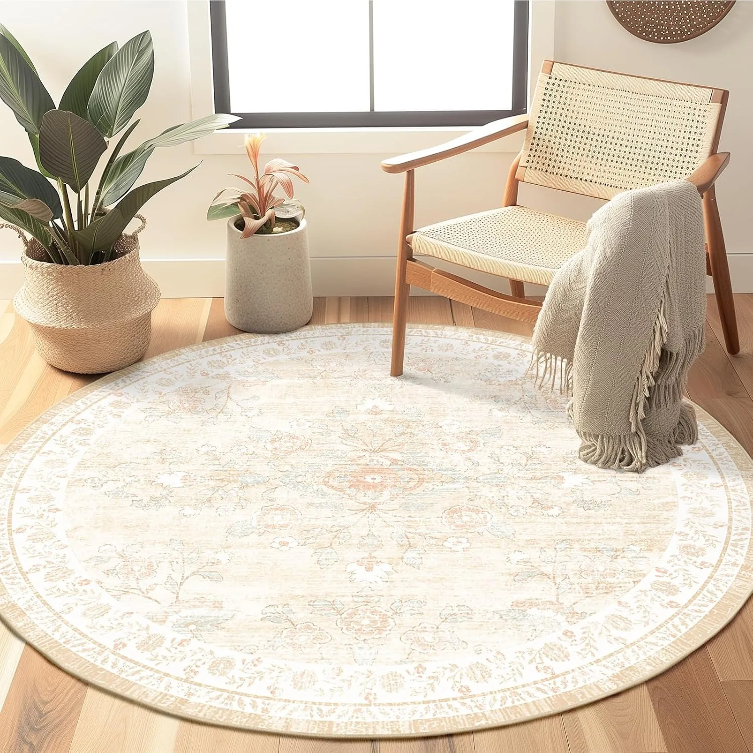 سجادة منطقة مستديرة على الطراز البوهيمي مع أنماط زهور رائعة، تصميمات فنية، سجادة ناعمة لتزيين الأرضيات الكلاسيكية