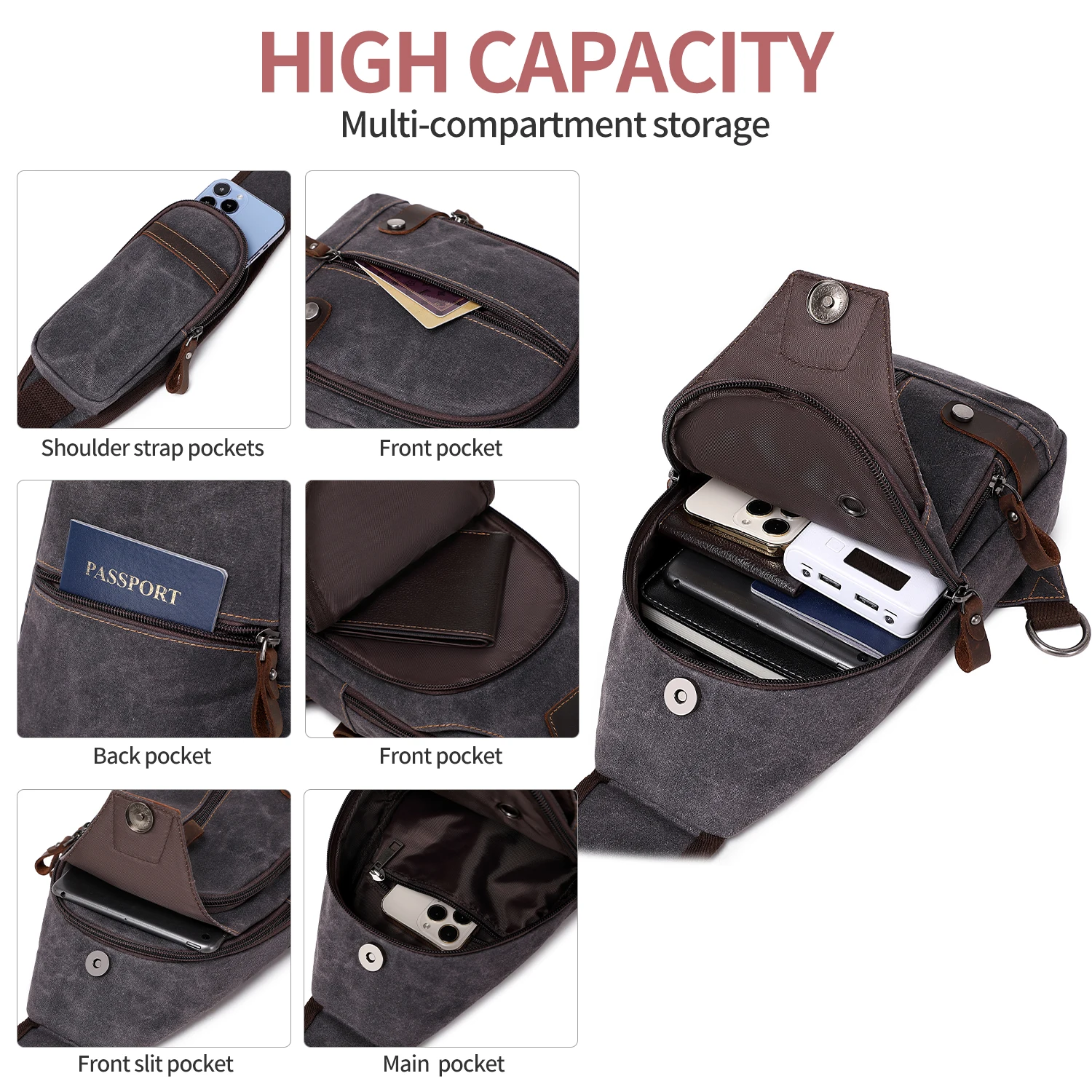 Crossbody Bag for Men, Sling Bag Chest Bag Shoulder Bag Waterproof Waxed Canvas Sling Backpack Casual Daypack for Travel