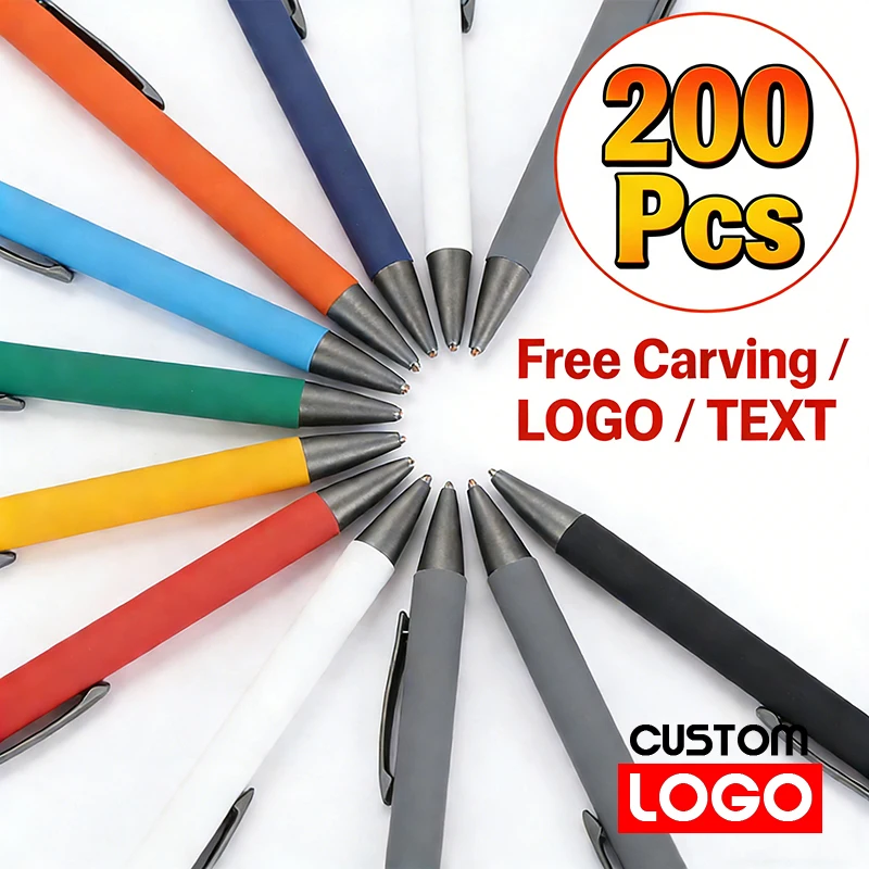 200pcs Advertising Pen Metal Ballpoint Pen Rubber Texture Custom Logo Text Engraving Laser Engraving Customizable Name Logo Pen