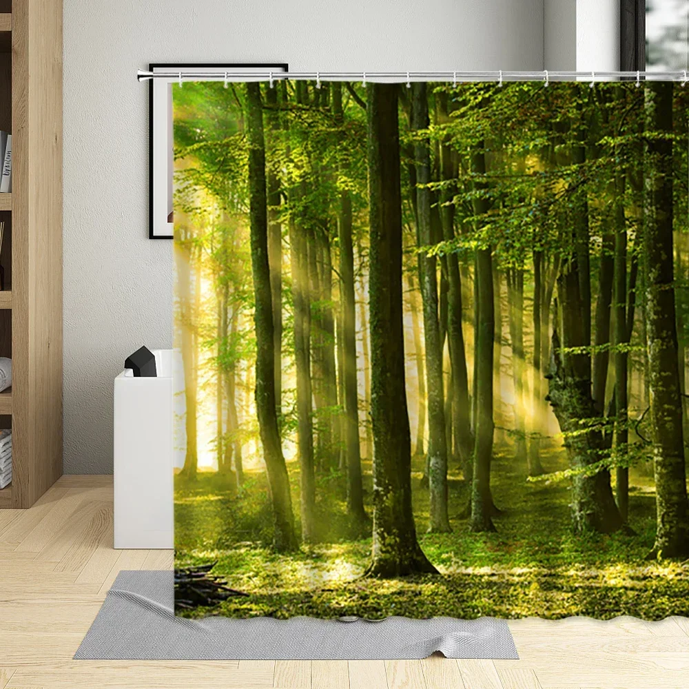 Spring Forest Green Trees Shower Curtain Natural Scenery View Sunlight Inject Background Home Bathroom With Hook Washable Fabric