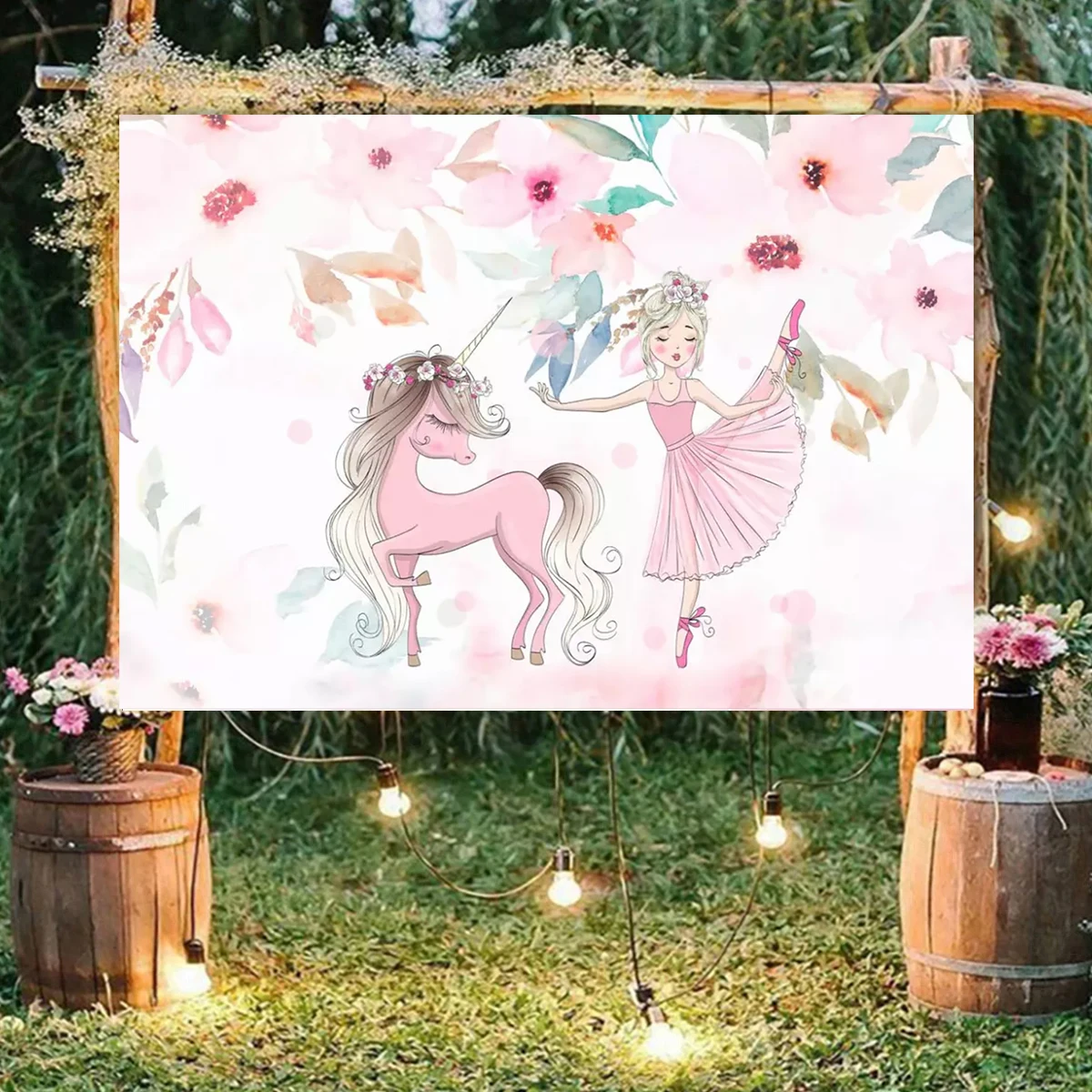 

Princess Dance With Unicorn Photography Pink Dream Happy Birthday Backdrop Background Banner Children Bedroom Decoration