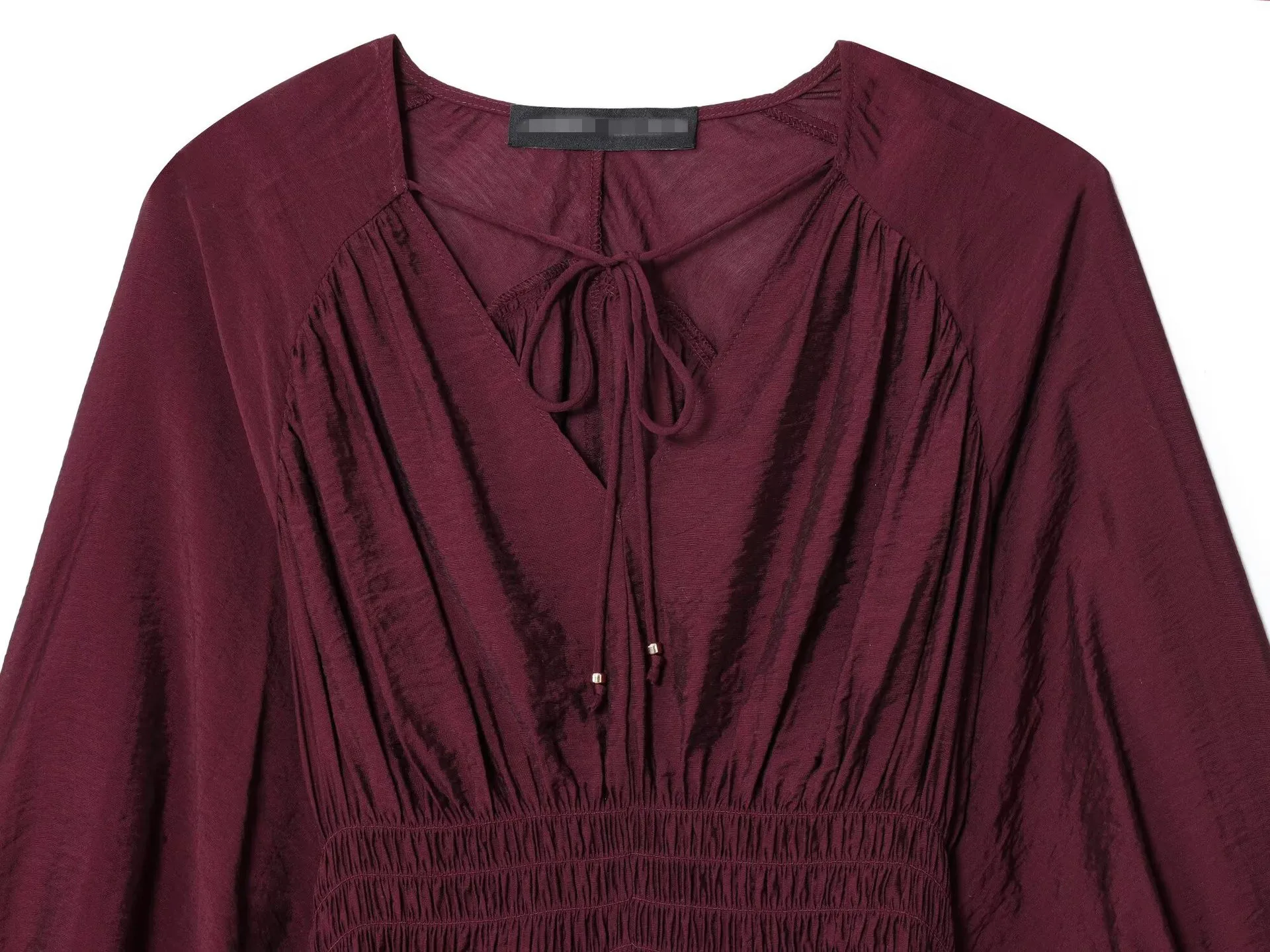 جديد الخريف أزياء عارضة طويلة الأكمام الخامس الرقبة مطوي بلون فضفاض صالح الدانتيل متابعة قميص للنساء، 2 ألوان