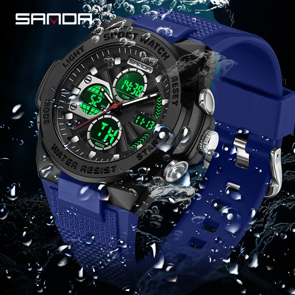 SANDA 3378 Nieuwe Luxe Sport Herenhorloge Dual Display Waterdicht Lichtgevende Man Horloge Quartz LED Chronograaf Relogio Masculino
