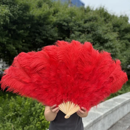 Imagen 2 del producto Abanicos de plumas de avestruz grandes rojos, abanico de mano plegable esponjoso para actuación de baile, varios estilos, accesorios de fiesta, espectáculo de escenario