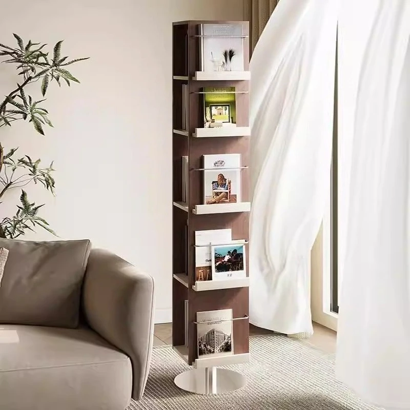 Medieval solid wood rotating bookshelf, full body fitting mirror, integrated floor-to-ceiling multi-layer magazine and newspaper