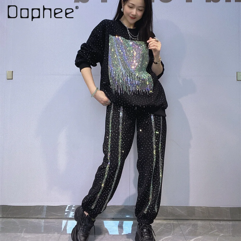 

Rhinestone Sweatshirt Set for Women Fashion Loose Round Neck Black Sweatshirt and Pants Sportswear Two-Piece Sets 2026 New