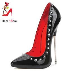 Rivet Woman Pumps 2024 New PU Leather Nightclub Stilettos Ladies Sexy Pointed Toe Shoes Plus Size 46 Party Extreme High Heels