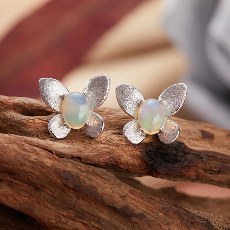 

Butterfly Style Natural Opal Colorful Gemstone Earrings for WomenS925Pure Silver Brushed Craftsmanship