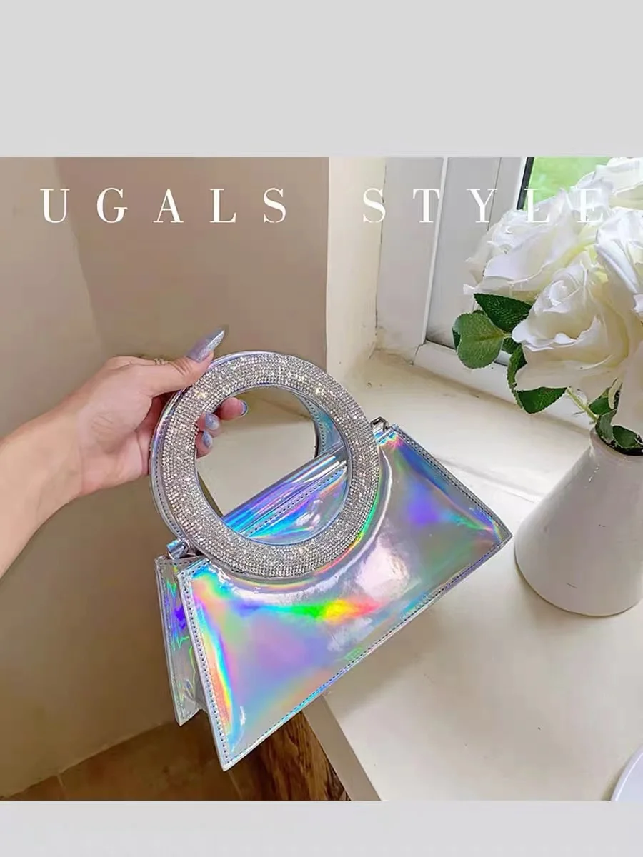 Fashion Rainbow Color Square Bag Glitter Shiny Diamond Circular Ring Handbag Women Luxury Evening Bag Wedding Party Clutch Purse