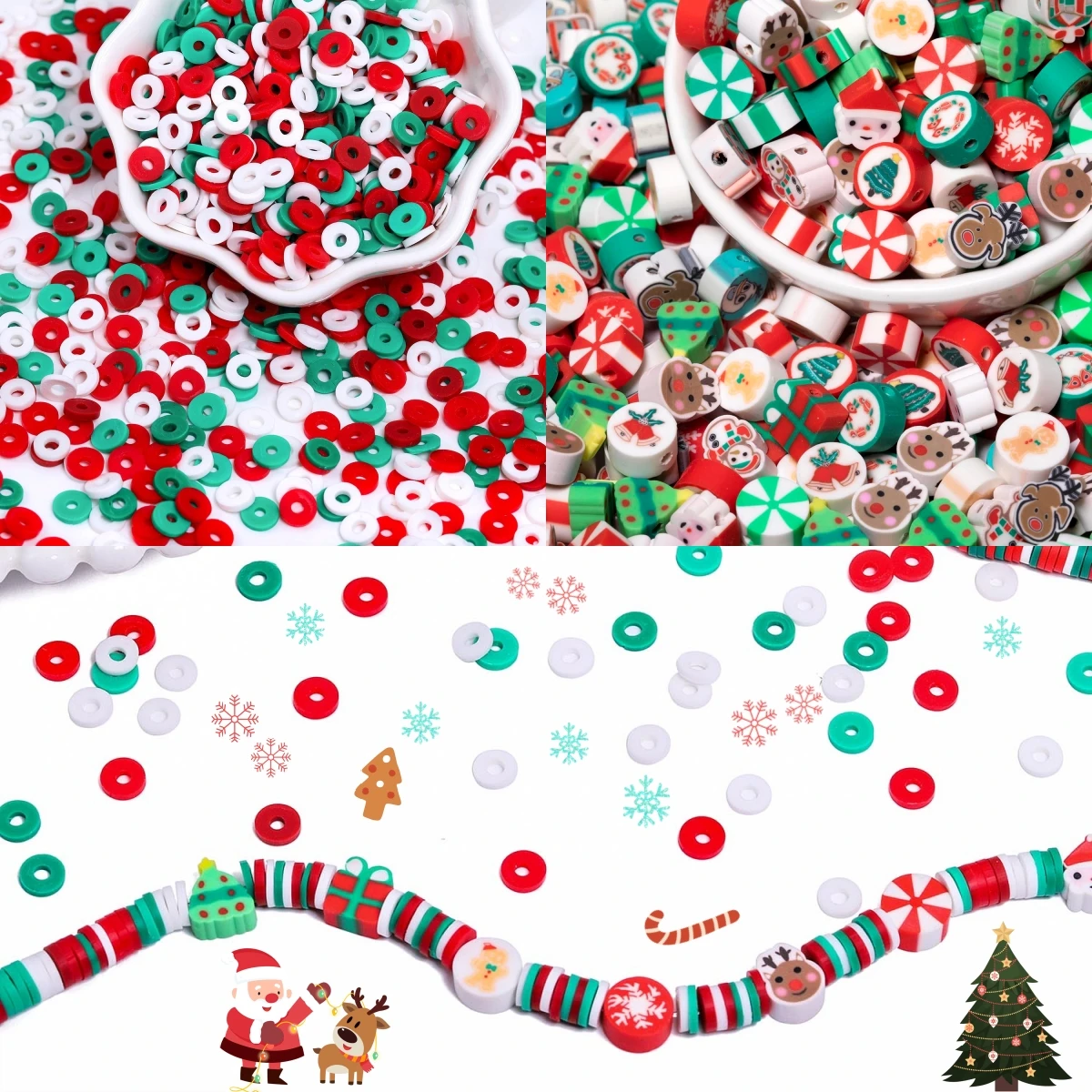 4/6mm Christmas Style Themed Pattern Polymer Clay Beads Flat Cylindrical Disc Shape Beads for DIY Bracelet Necklace Pendant