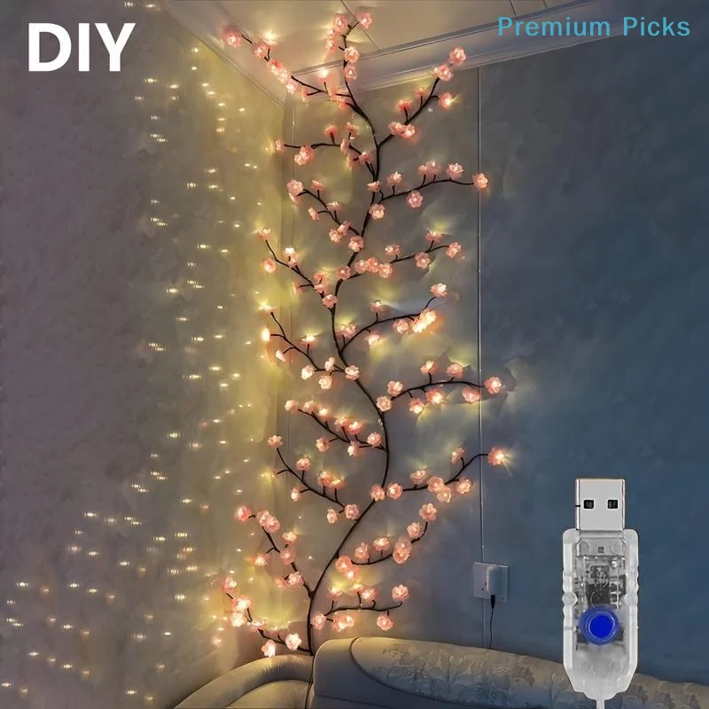 portable8 Modes USB 5V Cherry Blossom Vine Fairy Lights Artificial Flower String Light for Patio Bistro Night Decor
