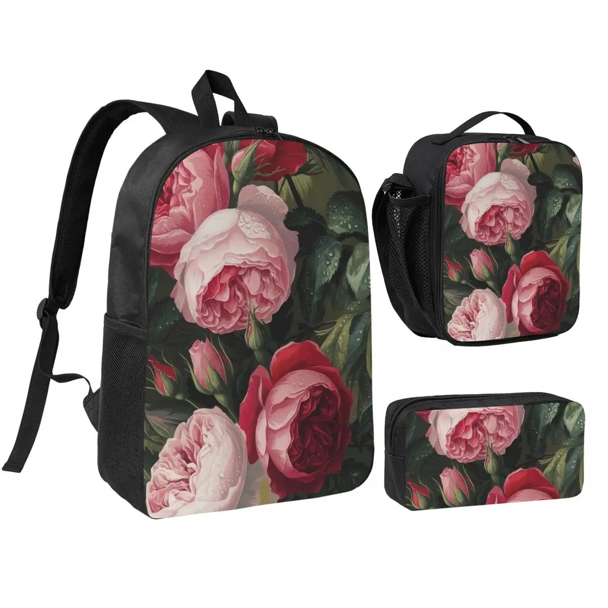 Vintage Rose Floral Backpack Student BookBag School Bag Shoulder Bags 3ps Insulated Lunch Bag Pencil Case