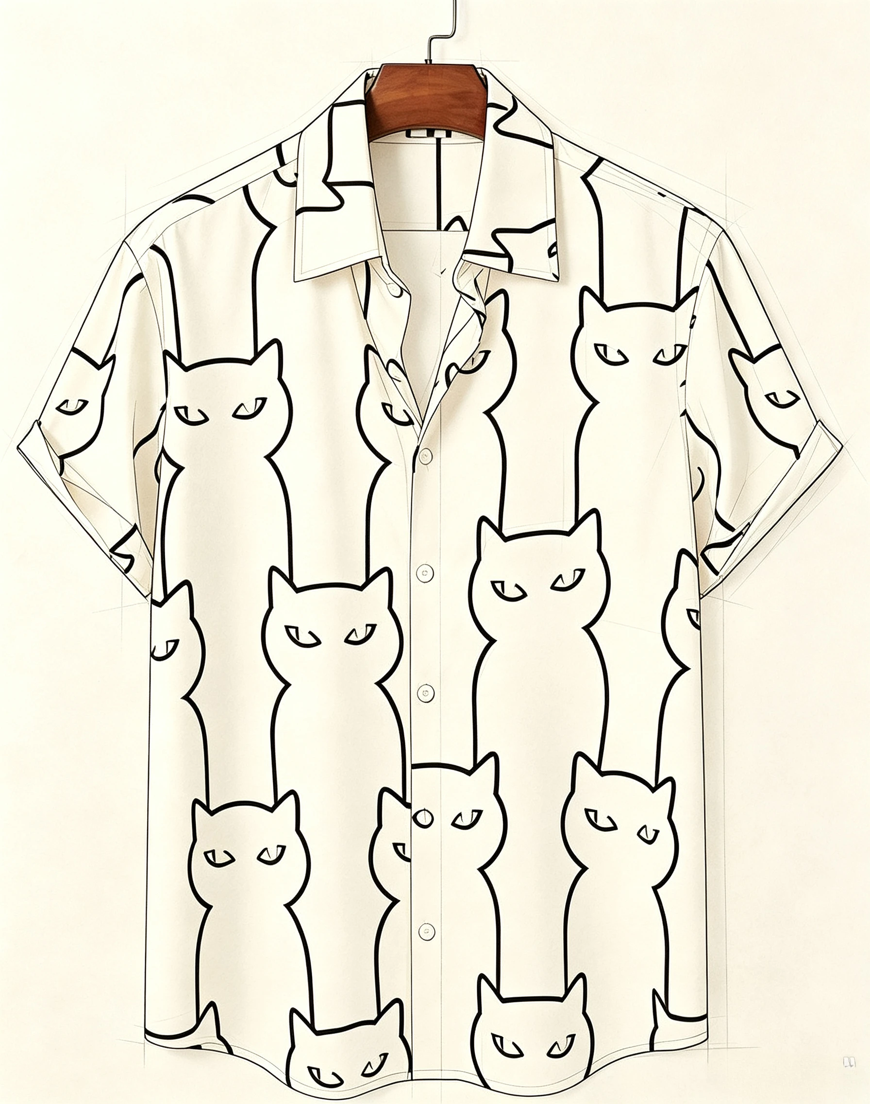 Men Minimal Line Art Black Cat Cartoon Print Short Sleeve Shirt Lapel Button‑up Vacation Casual Top