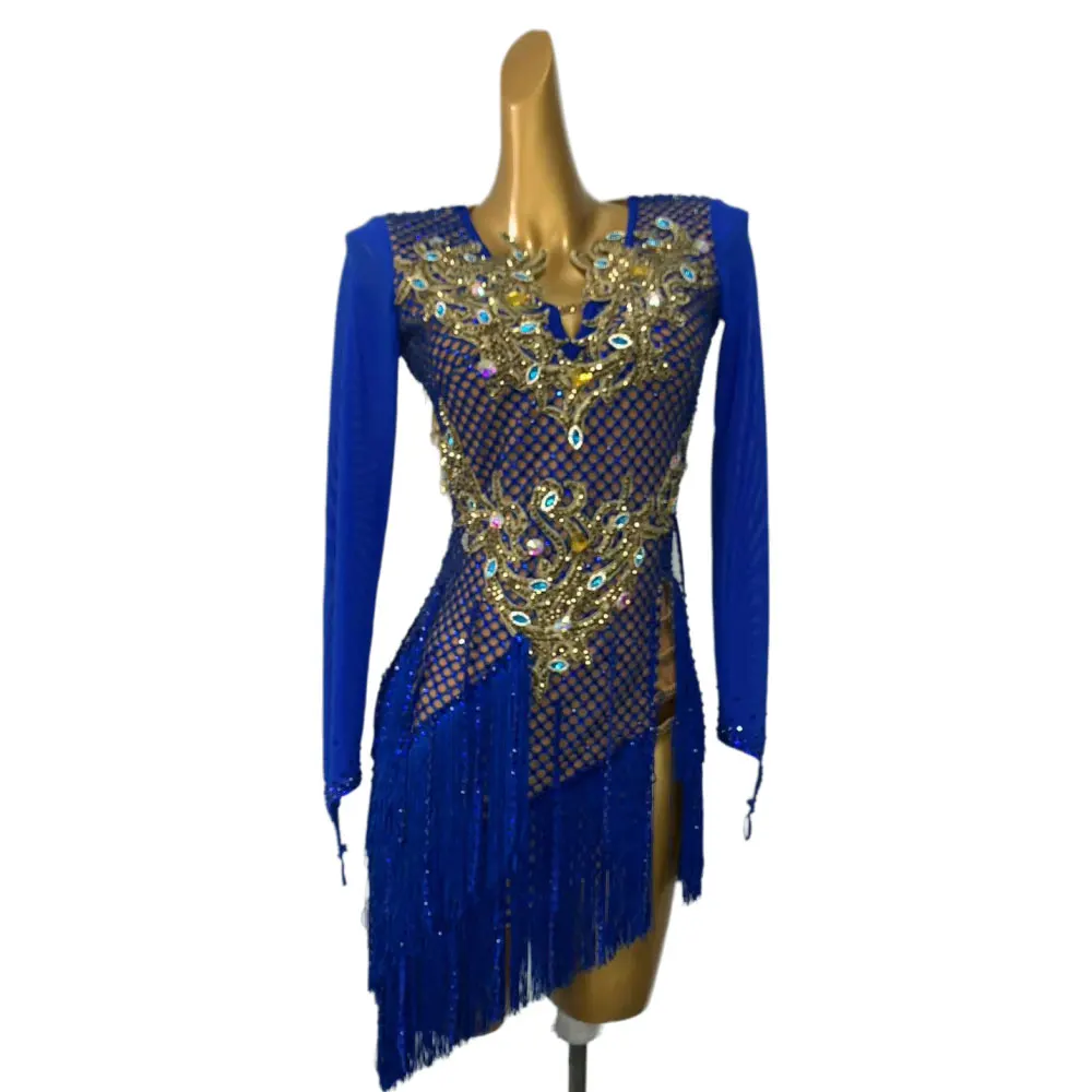 Latin Dance Costume Rhinestone Women's High-end Custom Mesh Flower Costume Golden Embroidered Tango Samba Performance Dress