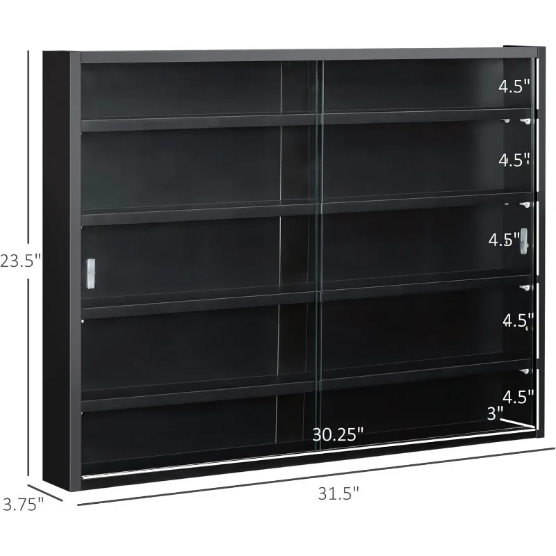 5-Tier Display Cabinet, Glass Door Cabinet With Adjustable Shelves, Wall-Mounted Display Case For Playroom, Bedroom, Black