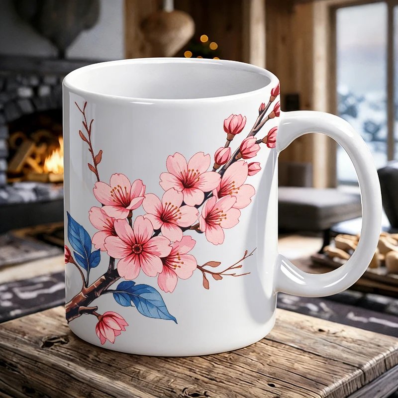 Independence Day Mug Coffee Cup Ceramic Cup Watercolor Cherry Blossom Print - Soft Pink Blooms on Cream Background