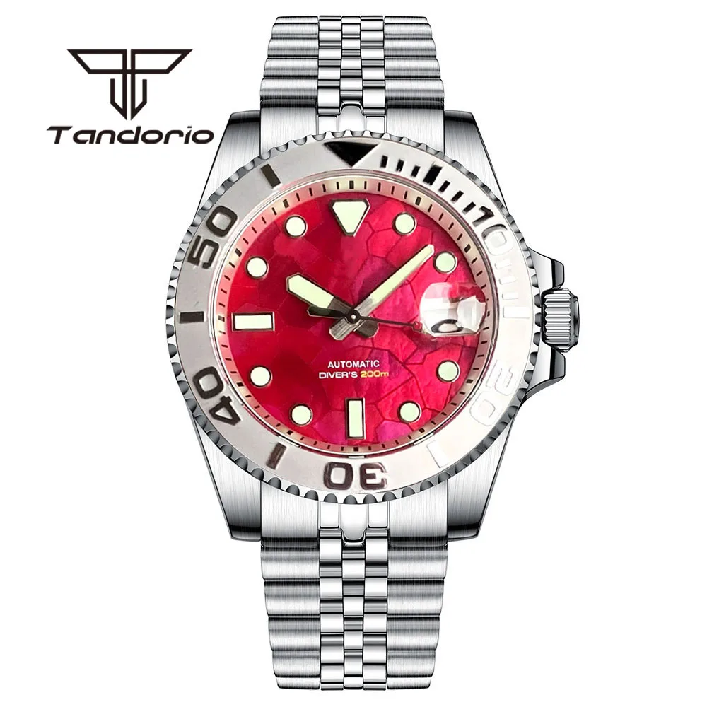 Tandorio NH35A Fashion Red Mother of Pearl Dial Luminous 40mm 20Bar Men\'s Automatic Dive Watch 120-Click Bezel Sapphire Crystal