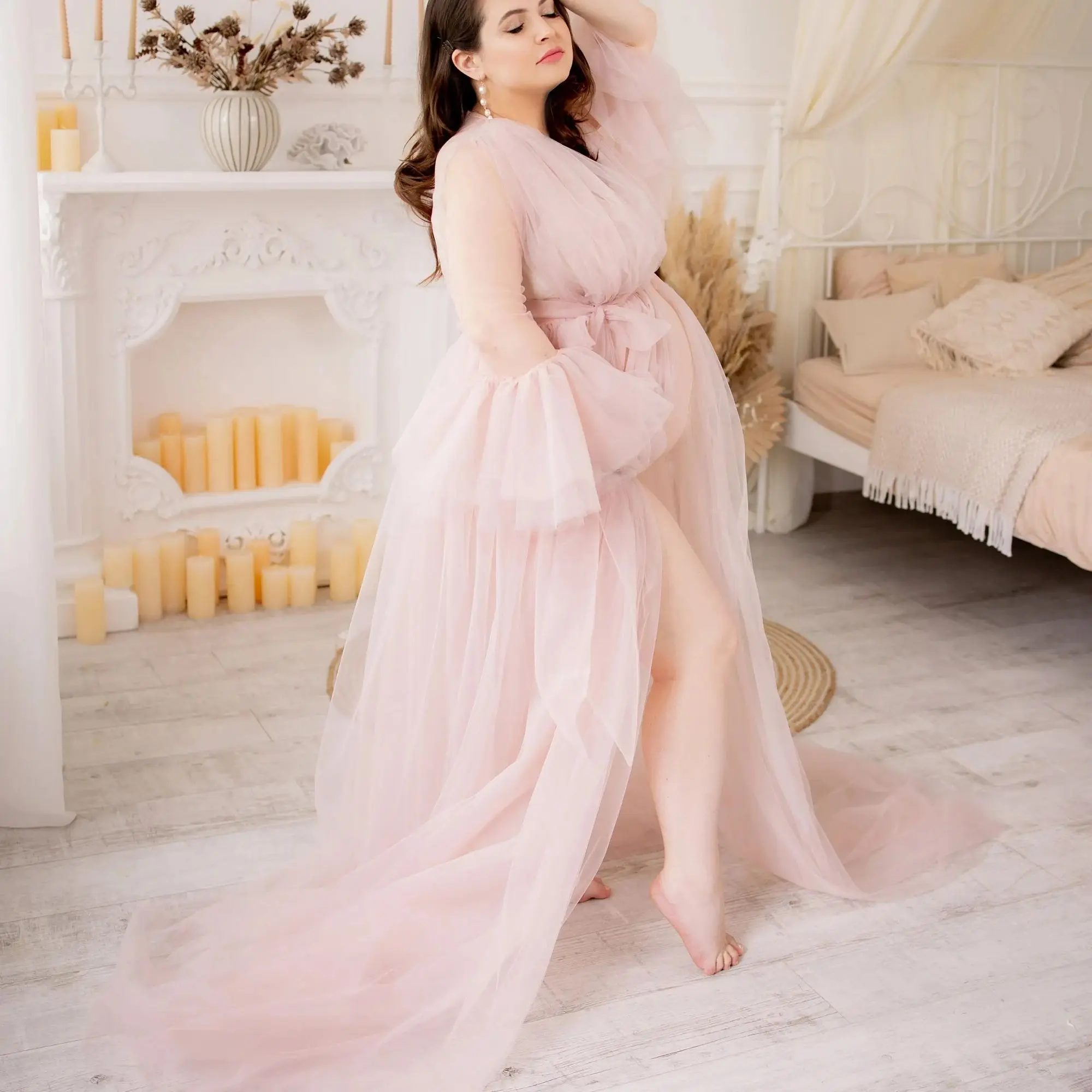 Sexy See Thru Long Prom Dresses With Puff V Neck Long Sleeves Tulle Prom gowns Ruffles Tiered Pregnant Woman Robe