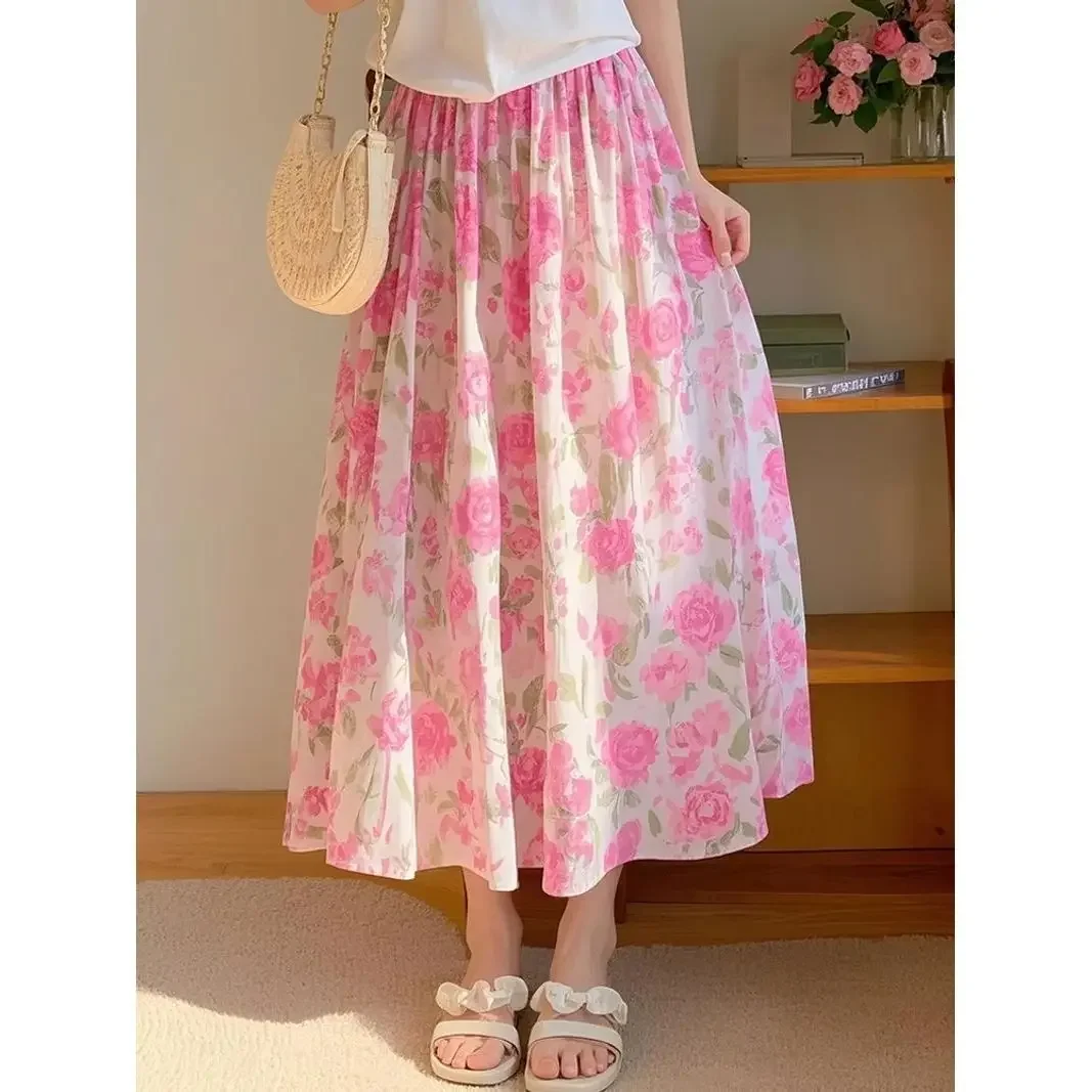 

Korean Sweet Pink Rose Flower Pattern Skirts Elastic Waist A-line Full Skirt Mid Length Summer Beach Holiday Beautiful Women