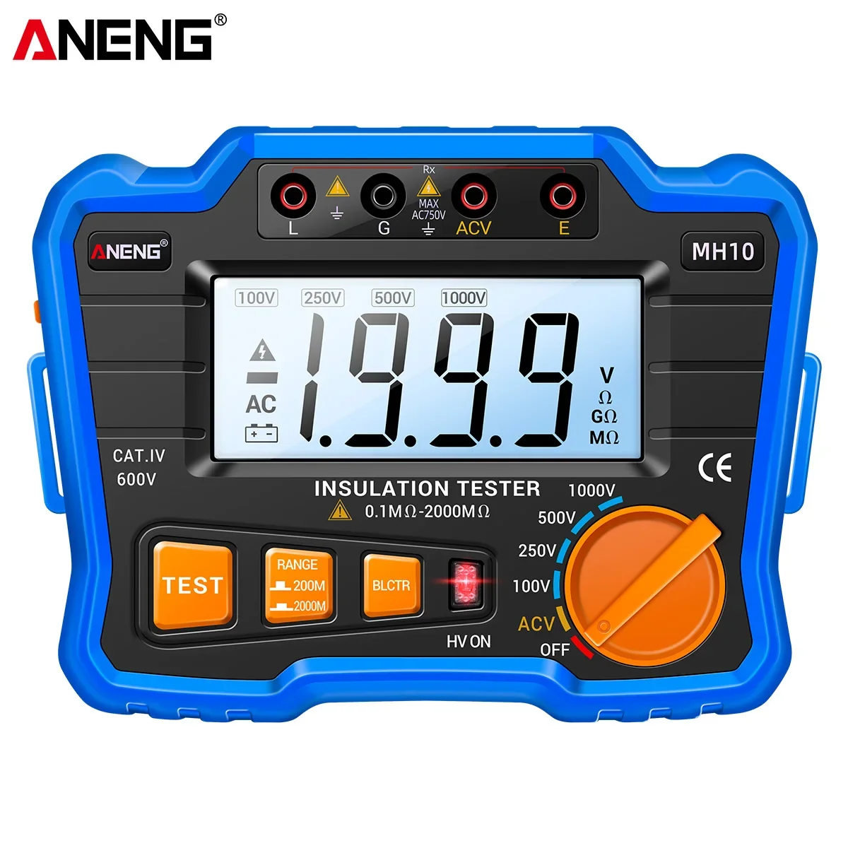 ANENG 디지털 절연 저항 게이지 Ohmer 테스터 자동 범위 백라이트 미터 1000V Megometer Megohmmeter Ohm Test HD MH10