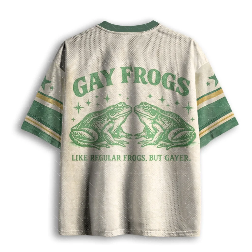 V Neck Football Jersey Vintage Two Frogs Star Funny Slogan Print Green Cream Gold Striped Sleeve Loose Sport Tee
