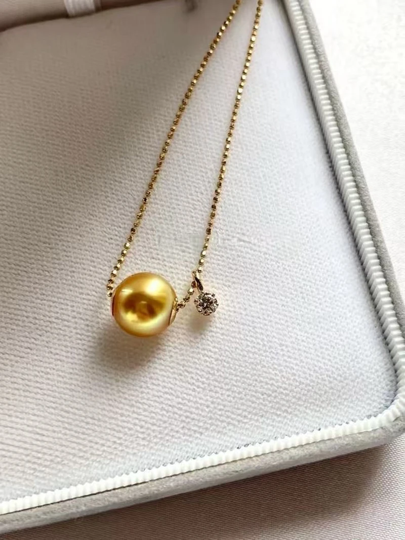 KUGG PEARL 18K Yellow Gold Necklace Shiny Diamond 10-11mm Real Natural South Sea Gold Pearl Necklace for Women Fine Jewelry