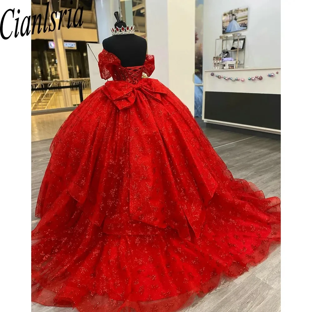 Red Sequined Crystal Ruffles Bow Ball Gown Quinceanera Dresses Off The Shoulder Pleat Beading Corset Vestidos De 15 Años