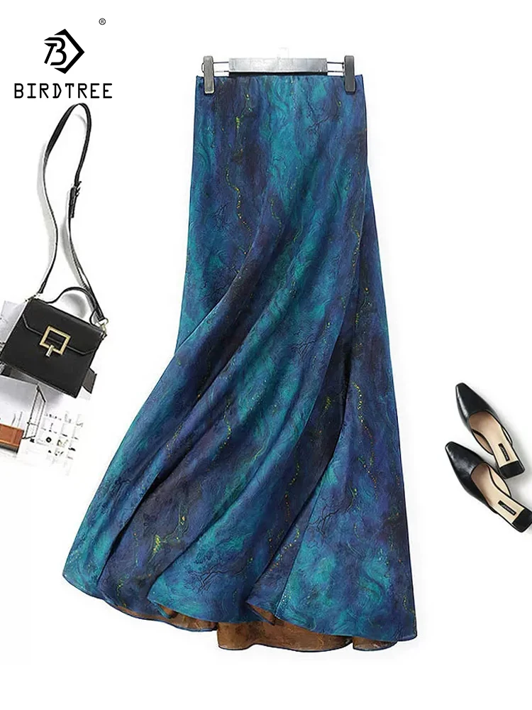 BirdTree-35MM Silk Watered Gauze Elegant Skirts, Elastic Waist Print, Women Temperament Trumpet Skirt, 2026 Summer New B63864CC