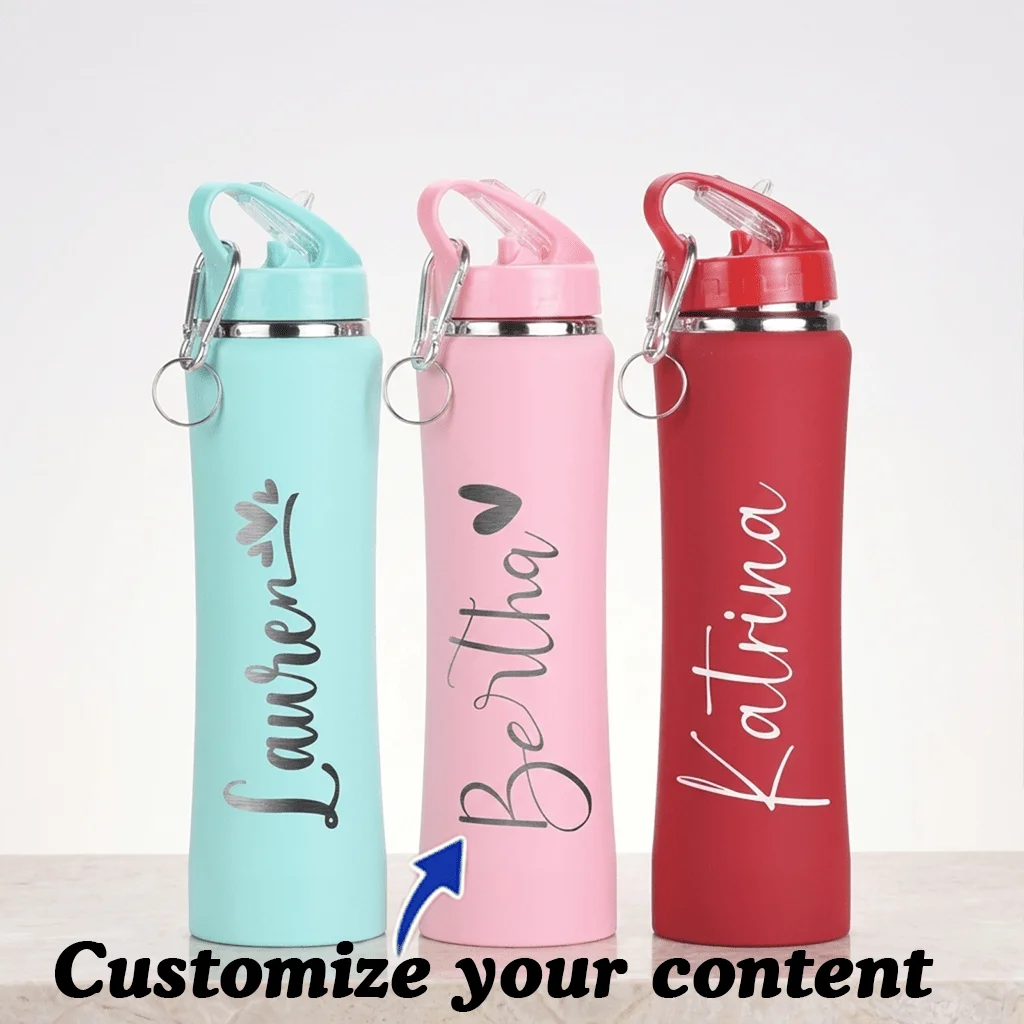 2026 New 24oz Custom Name Sports Water Bottle Matte Vacuum Flask with Straw Lid & Carabiner for Hiking Camping Outdoor Daily.