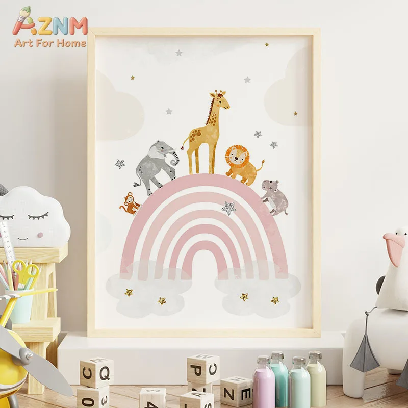 AZNM Pastel Pink Rainbow Fairy Hot Air Balloon Canvas Wall Art, Custom Name Star Cloud Nursery Kids Room Aesthetic Home Decor Un