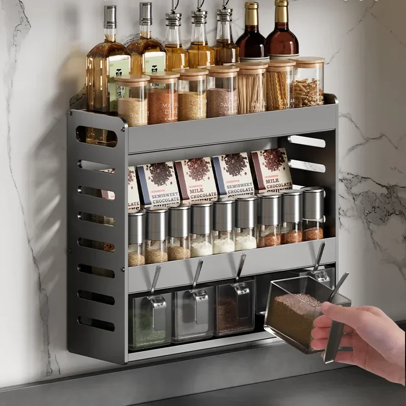 

Gun ash kitchen shelves, non-perforated, multi-layer countertops, wall-mounted condiment bottles and jars, spice storage boxes,
