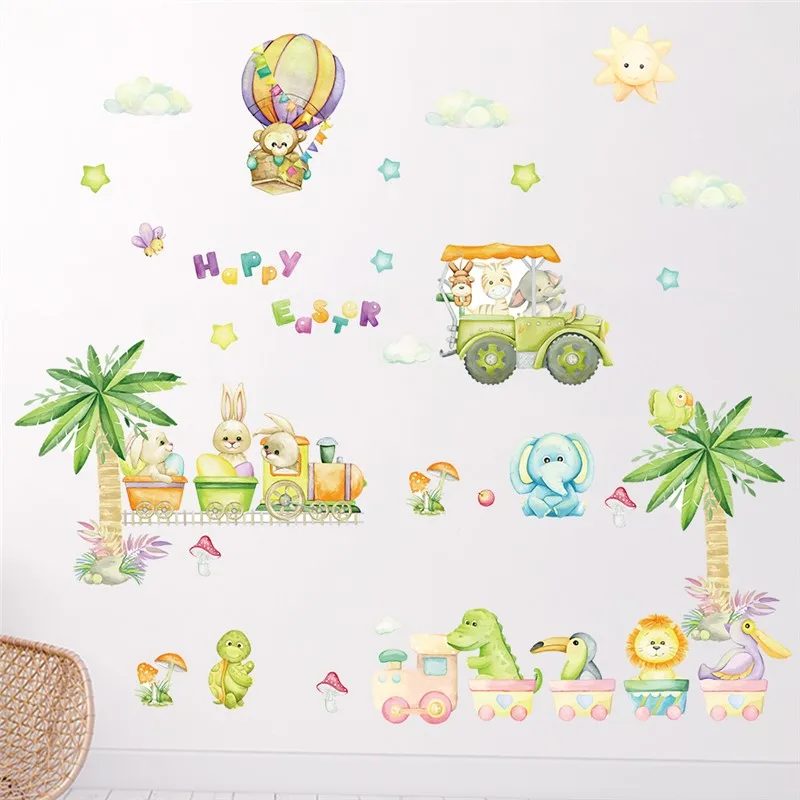 

Cartoon Animals With Balloon Train Wall Stickers For Kids Room Decoration Elephant Turtle Rabbit Mural Art Home Decal Pvc Poster