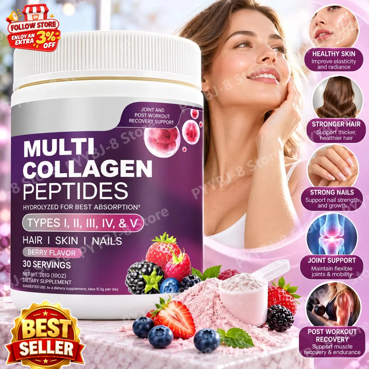 Multi Collagen Peptides Powder,Berry Flavor,Support Hair Skin Nails,Joint & Post Workout Recovery,Types I II III IV V,281g