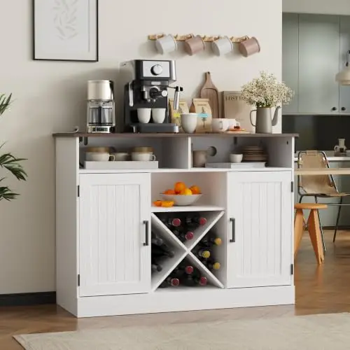 Farmhouse Coffee Bar Cabinet with Prower Outlets, Rustic Liquor Cabinet with Wine Rack, Wooden Wine Cabinet for Dining image 5