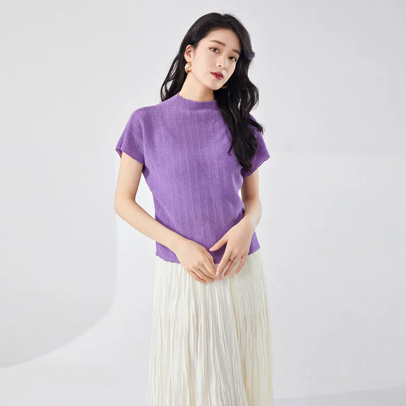 T-Shirt For Women Summer New Fashion Solid Color Turtleneck Stretch Miyake Pleated Casual Short Tee Tops Female