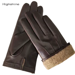 Guantes de cuero italiano para hombre, manoplas forradas de lana para pantalla táctil, de lujo, para conducir, a la moda, cálidos, de cuero negro