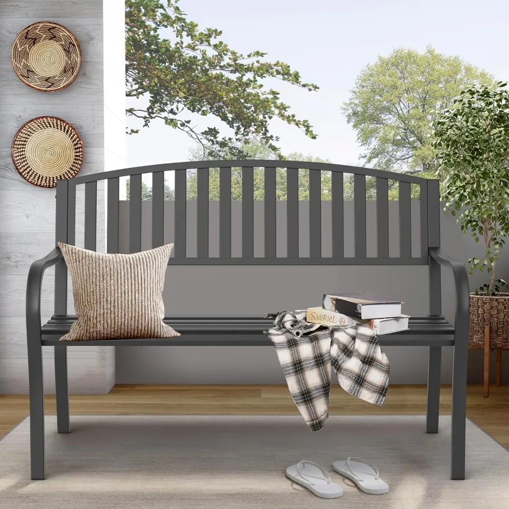 

50'' Outdoor Bench Weatherproof, Cast Iron All Metal Frame Garden Bench, Anti-Rust Patio Park Bench for Front Porch, Yard, Lawn