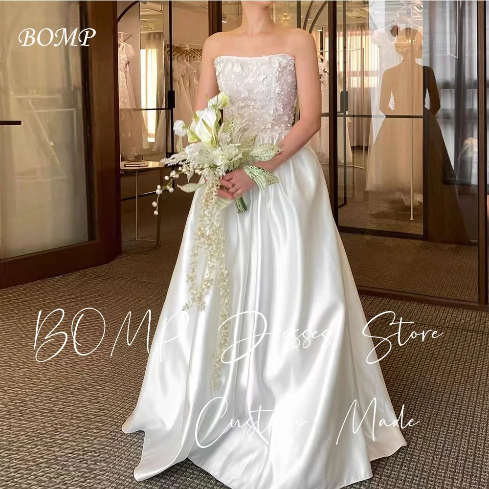 

BOMP Elegant Beads Wedding Dress Strapless Floor Length White Silk Taffeta Korea Photo Shoot Bridal Gown Customized Exquisite