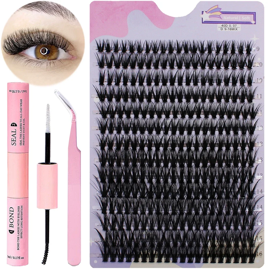 

DIY Eyelash Set 280pcs Individual Lashes Cluster D Curl, 8-16mm Mix Lash Clusters with Lash Bond，Seal and Lash Applicator Tool