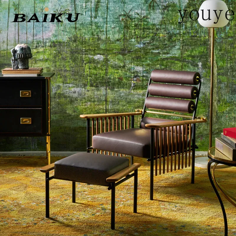 Medieval design backrest armchair solid wood living room hotel reception leisure chair simple metal single chair