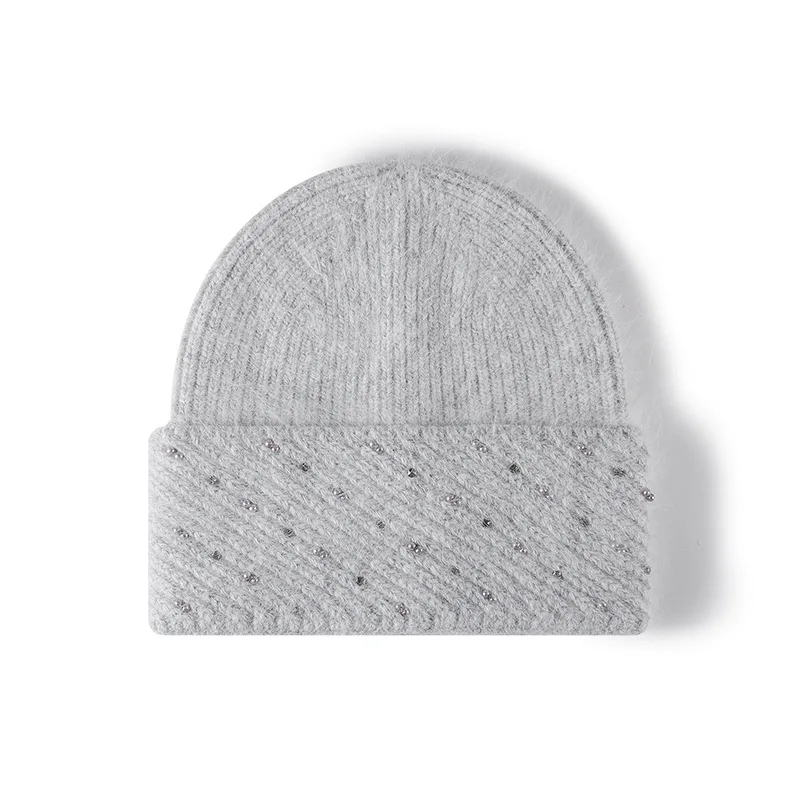 Women Rabbit Fur Knit Beanie Hats Soft Warm Rhinestone Decor Cuffed Winter Hat