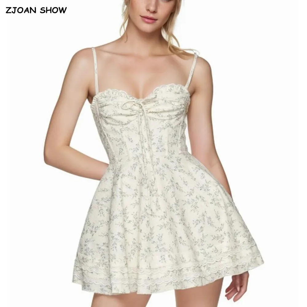 2025 floral impressão orelhas de madeira arco peito espartilho estilo estilingue vestido feminino emendado renda 2 camadas hem festa skater mini vestidos robe