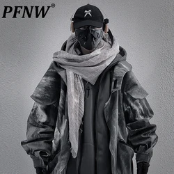 PFNW 2024 New Waste Soil Style Hem Worn Out Fake Two Piece Men's Loose Fit Casual Hooded Jacket Trendy Mid Length Coat 12C1393