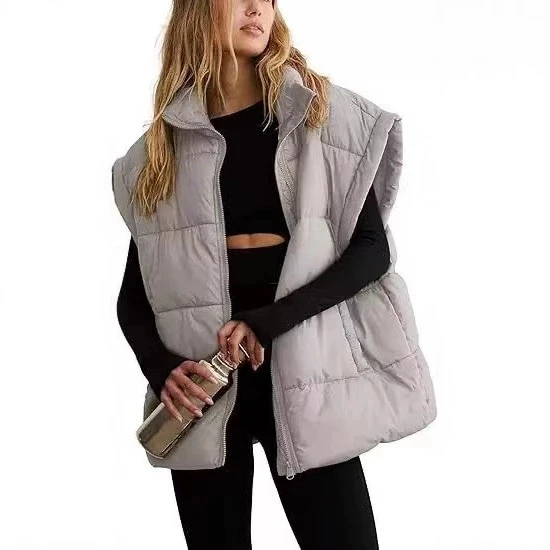 2025 nouveau femmes couleur unie fermeture éclair poche coton gilet mode col montant sans manches gilet veste femmes automne hiver gilet